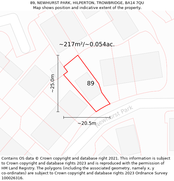 89, NEWHURST PARK, HILPERTON, TROWBRIDGE, BA14 7QU: Plot and title map