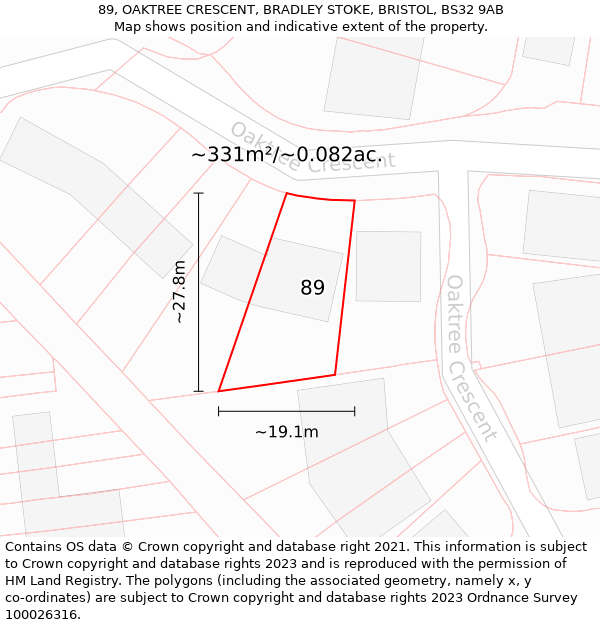 89, OAKTREE CRESCENT, BRADLEY STOKE, BRISTOL, BS32 9AB: Plot and title map