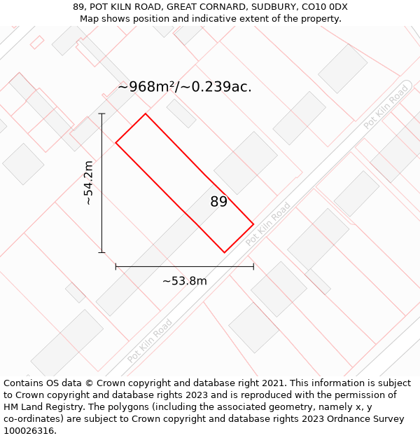 89, POT KILN ROAD, GREAT CORNARD, SUDBURY, CO10 0DX: Plot and title map