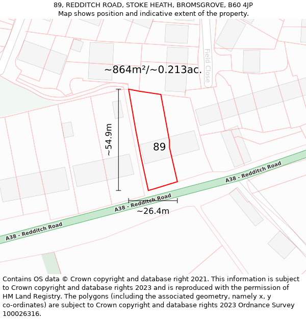 89, REDDITCH ROAD, STOKE HEATH, BROMSGROVE, B60 4JP: Plot and title map