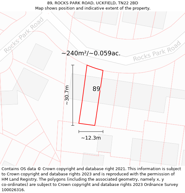 89, ROCKS PARK ROAD, UCKFIELD, TN22 2BD: Plot and title map