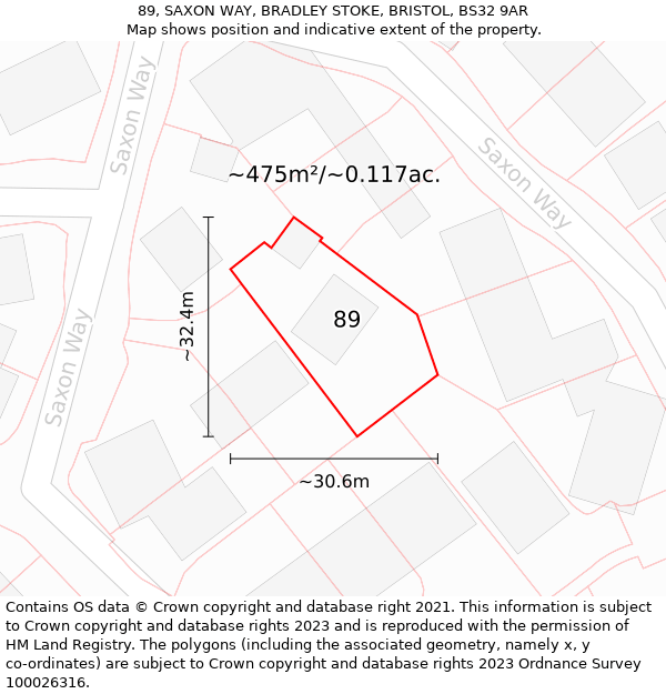 89, SAXON WAY, BRADLEY STOKE, BRISTOL, BS32 9AR: Plot and title map