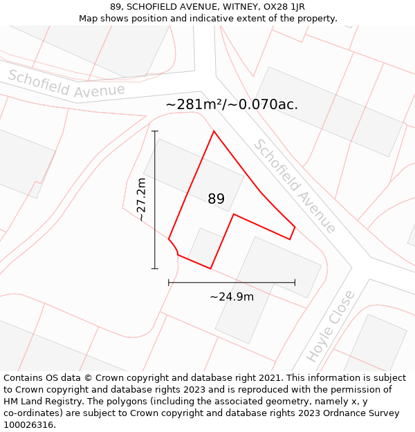 89, SCHOFIELD AVENUE, WITNEY, OX28 1JR: Plot and title map