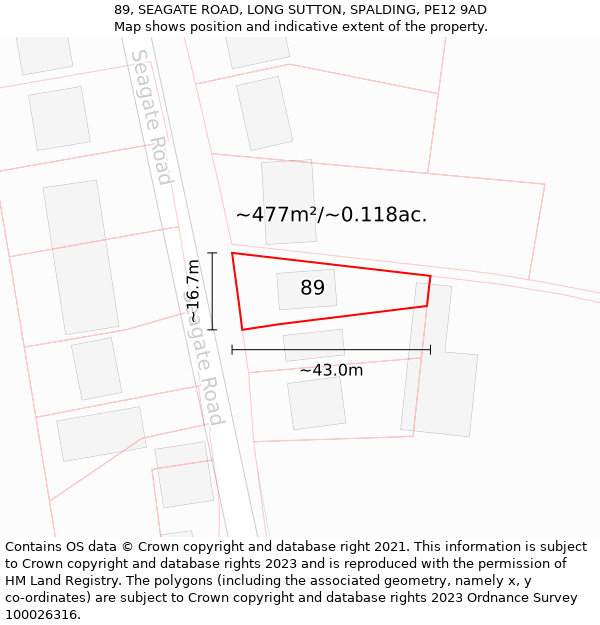 89, SEAGATE ROAD, LONG SUTTON, SPALDING, PE12 9AD: Plot and title map