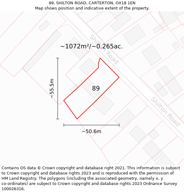 89, SHILTON ROAD, CARTERTON, OX18 1EN: Plot and title map