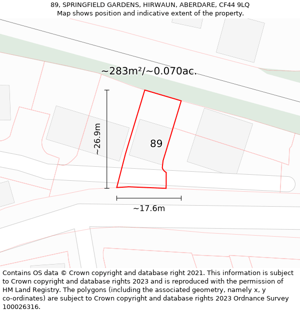 89, SPRINGFIELD GARDENS, HIRWAUN, ABERDARE, CF44 9LQ: Plot and title map