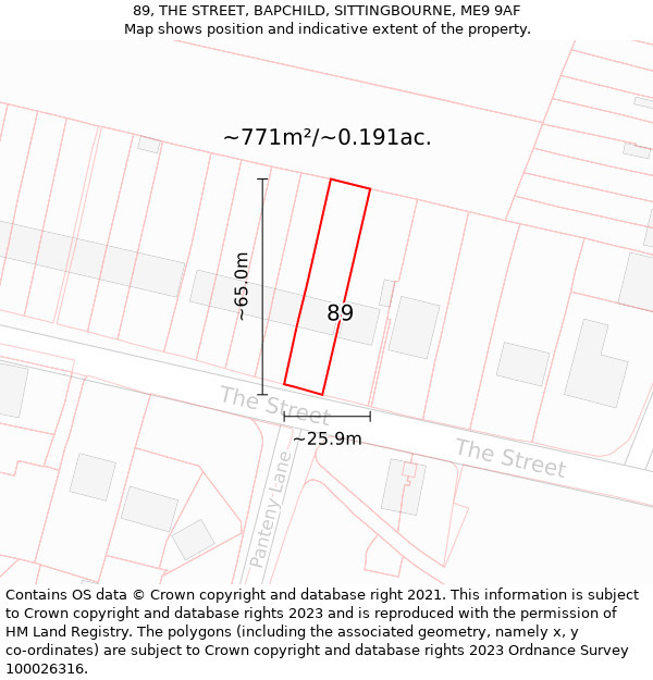 89, THE STREET, BAPCHILD, SITTINGBOURNE, ME9 9AF: Plot and title map