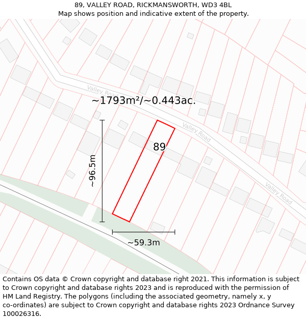 89, VALLEY ROAD, RICKMANSWORTH, WD3 4BL: Plot and title map