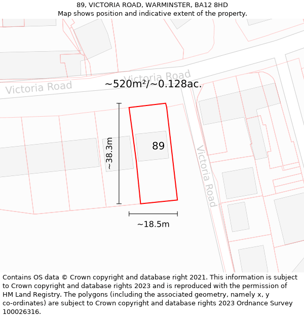 89, VICTORIA ROAD, WARMINSTER, BA12 8HD: Plot and title map