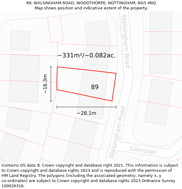 89, WALSINGHAM ROAD, WOODTHORPE, NOTTINGHAM, NG5 4NQ: Plot and title map