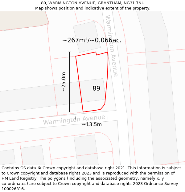 89, WARMINGTON AVENUE, GRANTHAM, NG31 7NU: Plot and title map