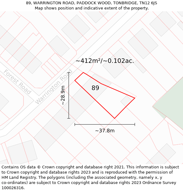 89, WARRINGTON ROAD, PADDOCK WOOD, TONBRIDGE, TN12 6JS: Plot and title map