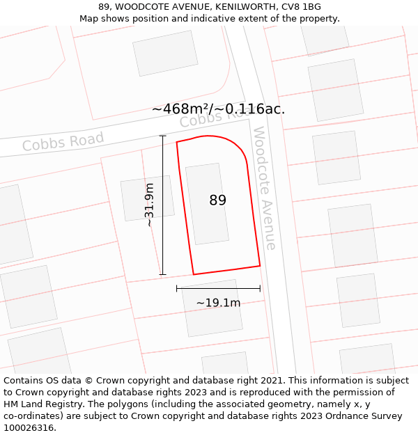 89, WOODCOTE AVENUE, KENILWORTH, CV8 1BG: Plot and title map