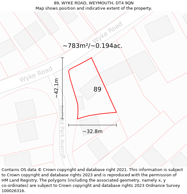 89, WYKE ROAD, WEYMOUTH, DT4 9QN: Plot and title map