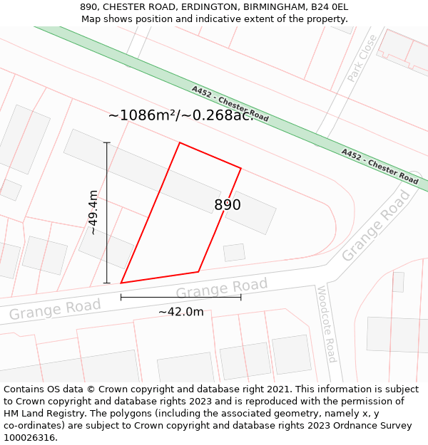 890, CHESTER ROAD, ERDINGTON, BIRMINGHAM, B24 0EL: Plot and title map