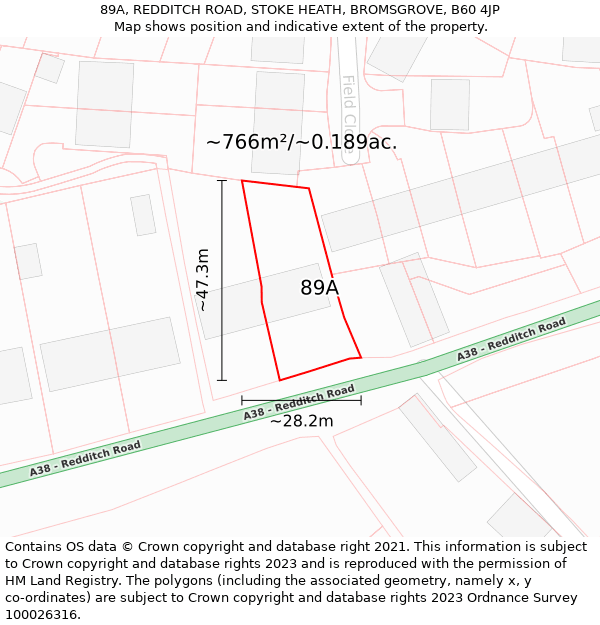 89A, REDDITCH ROAD, STOKE HEATH, BROMSGROVE, B60 4JP: Plot and title map