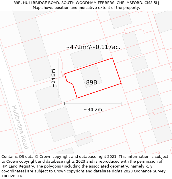 89B, HULLBRIDGE ROAD, SOUTH WOODHAM FERRERS, CHELMSFORD, CM3 5LJ: Plot and title map