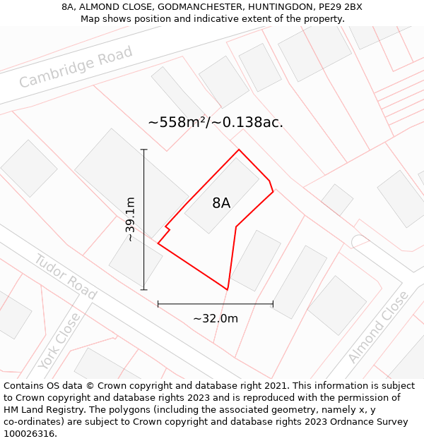 8A, ALMOND CLOSE, GODMANCHESTER, HUNTINGDON, PE29 2BX: Plot and title map