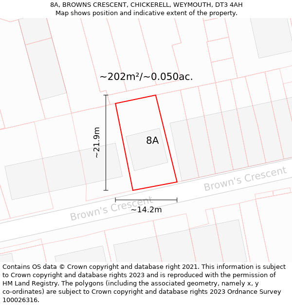 8A, BROWNS CRESCENT, CHICKERELL, WEYMOUTH, DT3 4AH: Plot and title map