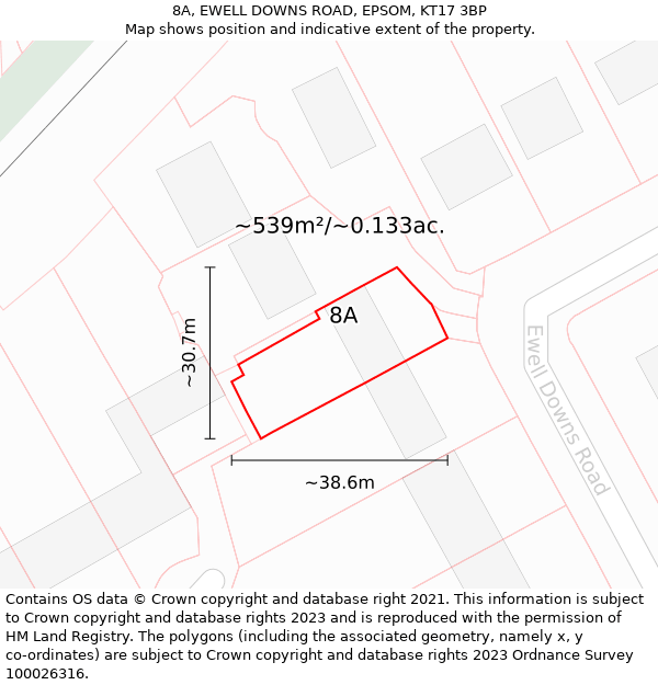 8A, EWELL DOWNS ROAD, EPSOM, KT17 3BP: Plot and title map