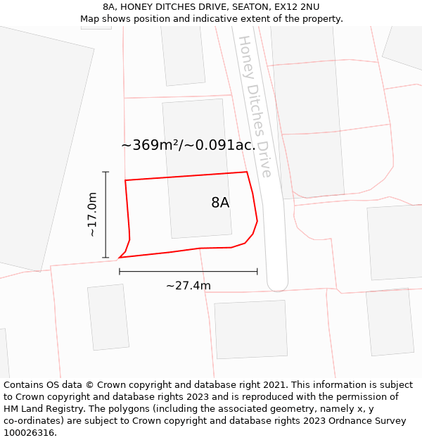 8A, HONEY DITCHES DRIVE, SEATON, EX12 2NU: Plot and title map