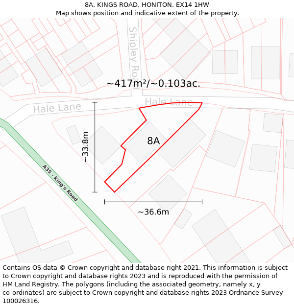 8A, KINGS ROAD, HONITON, EX14 1HW: Plot and title map