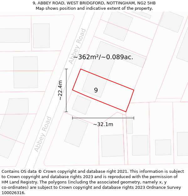 9, ABBEY ROAD, WEST BRIDGFORD, NOTTINGHAM, NG2 5HB: Plot and title map