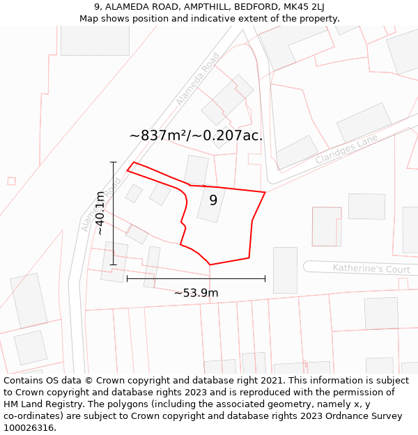 9, ALAMEDA ROAD, AMPTHILL, BEDFORD, MK45 2LJ: Plot and title map