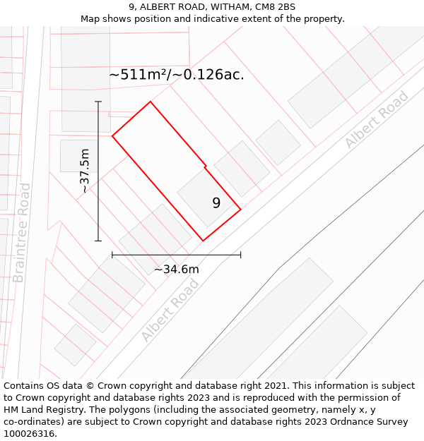 9, ALBERT ROAD, WITHAM, CM8 2BS: Plot and title map