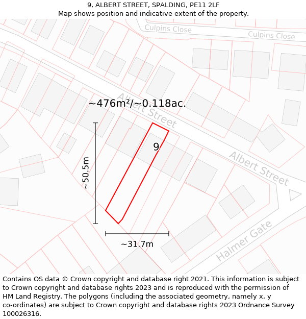 9, ALBERT STREET, SPALDING, PE11 2LF: Plot and title map