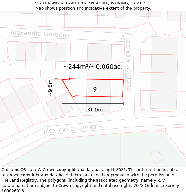 9, ALEXANDRA GARDENS, KNAPHILL, WOKING, GU21 2DG: Plot and title map