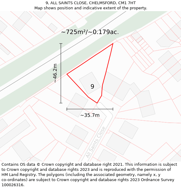 9, ALL SAINTS CLOSE, CHELMSFORD, CM1 7HT: Plot and title map