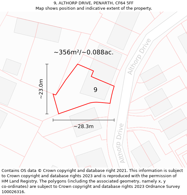 9, ALTHORP DRIVE, PENARTH, CF64 5FF: Plot and title map