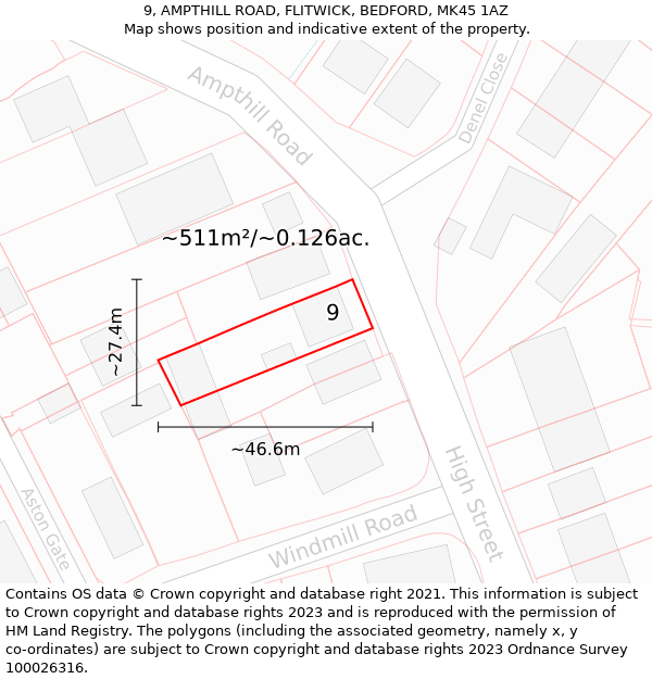 9, AMPTHILL ROAD, FLITWICK, BEDFORD, MK45 1AZ: Plot and title map