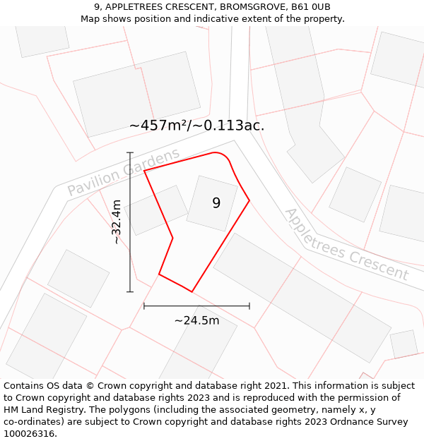 9, APPLETREES CRESCENT, BROMSGROVE, B61 0UB: Plot and title map