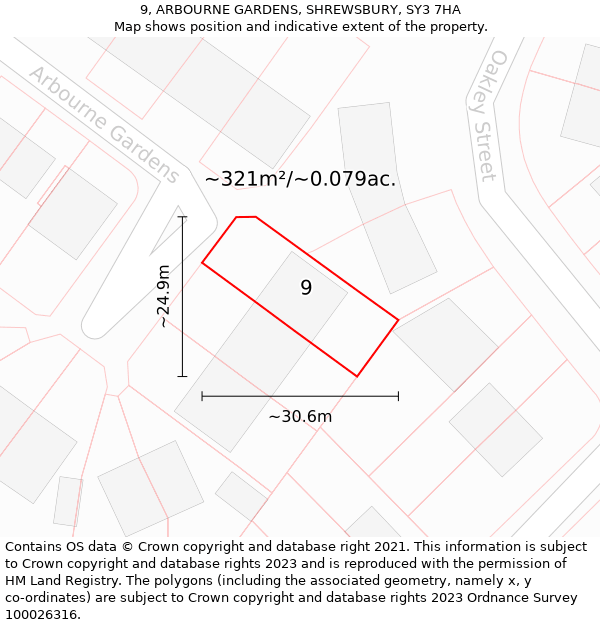 9, ARBOURNE GARDENS, SHREWSBURY, SY3 7HA: Plot and title map