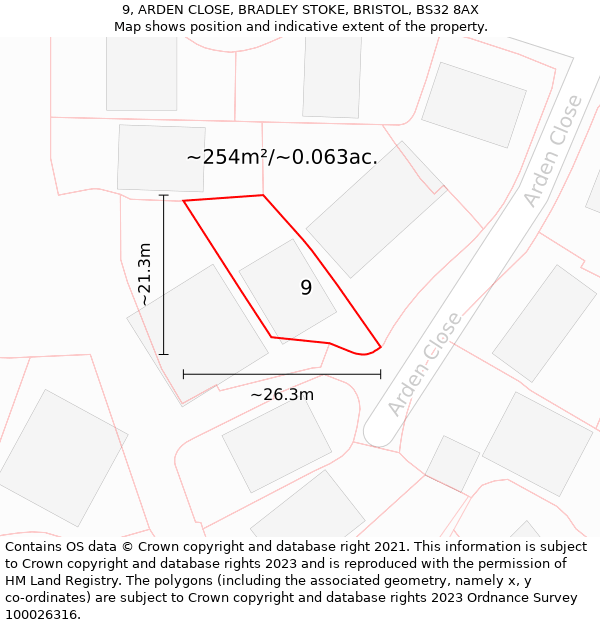 9, ARDEN CLOSE, BRADLEY STOKE, BRISTOL, BS32 8AX: Plot and title map