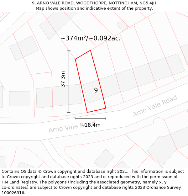 9, ARNO VALE ROAD, WOODTHORPE, NOTTINGHAM, NG5 4JH: Plot and title map