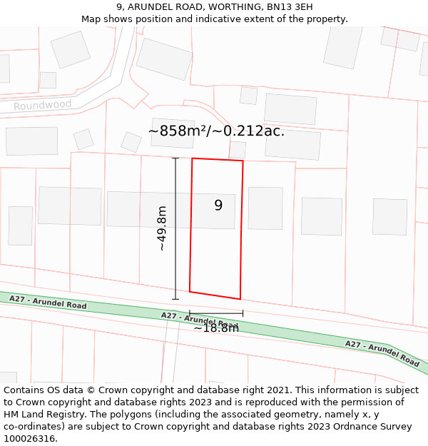 9, ARUNDEL ROAD, WORTHING, BN13 3EH: Plot and title map