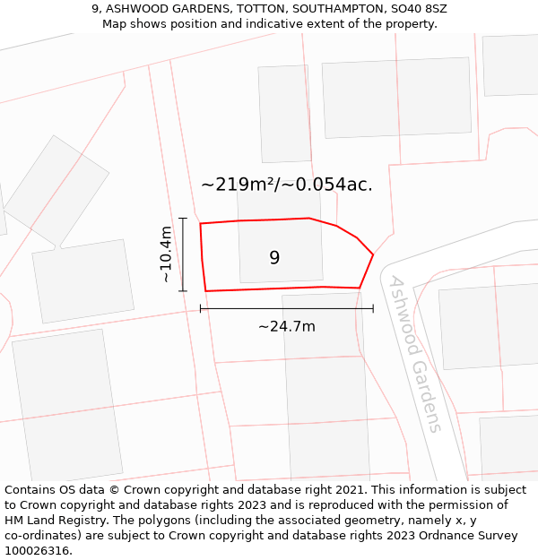 9, ASHWOOD GARDENS, TOTTON, SOUTHAMPTON, SO40 8SZ: Plot and title map