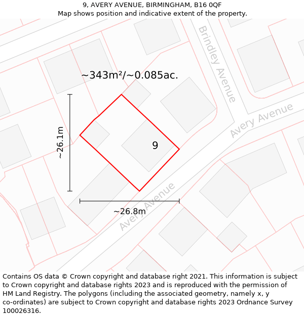 9, AVERY AVENUE, BIRMINGHAM, B16 0QF: Plot and title map