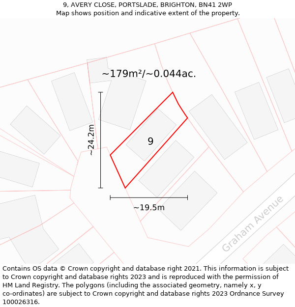 9, AVERY CLOSE, PORTSLADE, BRIGHTON, BN41 2WP: Plot and title map