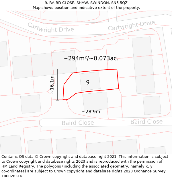 9, BAIRD CLOSE, SHAW, SWINDON, SN5 5QZ: Plot and title map