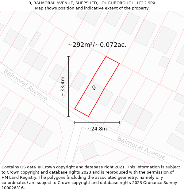 9, BALMORAL AVENUE, SHEPSHED, LOUGHBOROUGH, LE12 9PX: Plot and title map