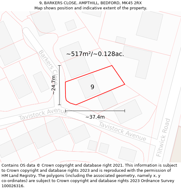 9, BARKERS CLOSE, AMPTHILL, BEDFORD, MK45 2RX: Plot and title map