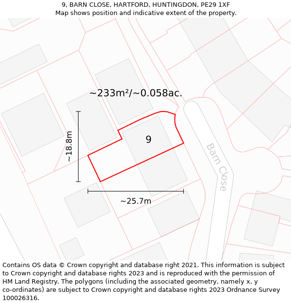 9, BARN CLOSE, HARTFORD, HUNTINGDON, PE29 1XF: Plot and title map