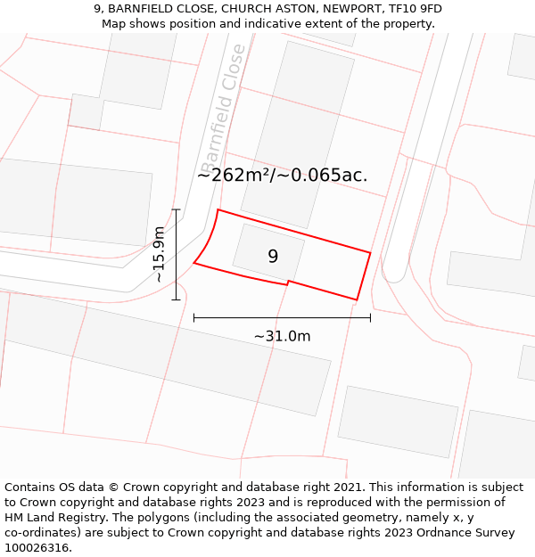 9, BARNFIELD CLOSE, CHURCH ASTON, NEWPORT, TF10 9FD: Plot and title map