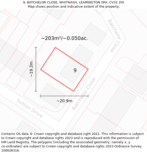 9, BATCHELOR CLOSE, WHITNASH, LEAMINGTON SPA, CV31 2FA: Plot and title map