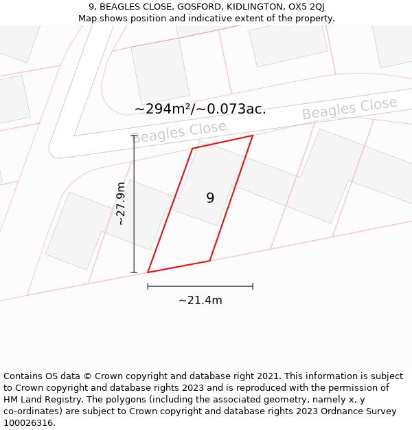 9, BEAGLES CLOSE, GOSFORD, KIDLINGTON, OX5 2QJ: Plot and title map