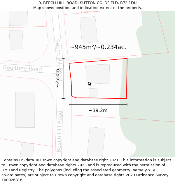 9, BEECH HILL ROAD, SUTTON COLDFIELD, B72 1DU: Plot and title map